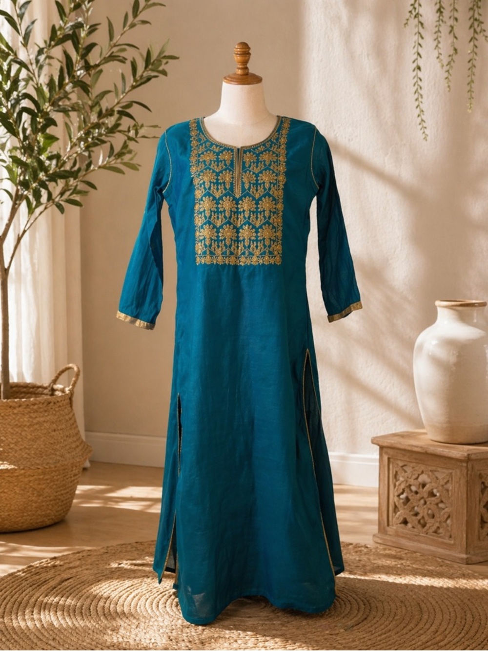 Teal Silk Blend Kurta Gold Embroidery Indian Tunic Dress M
